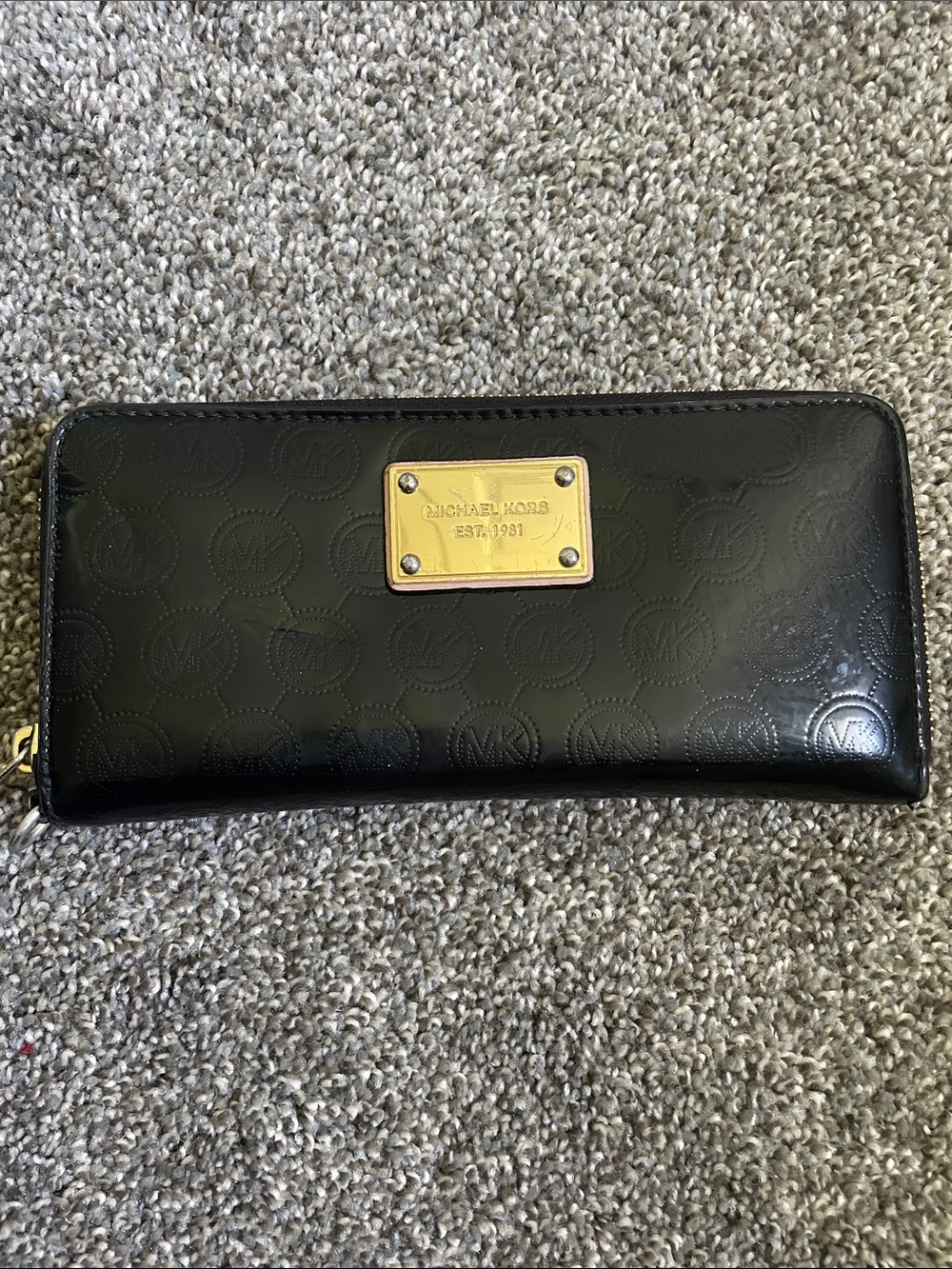 Michael Kors Black Patent Logo Zip Wallet with Gold Plaque